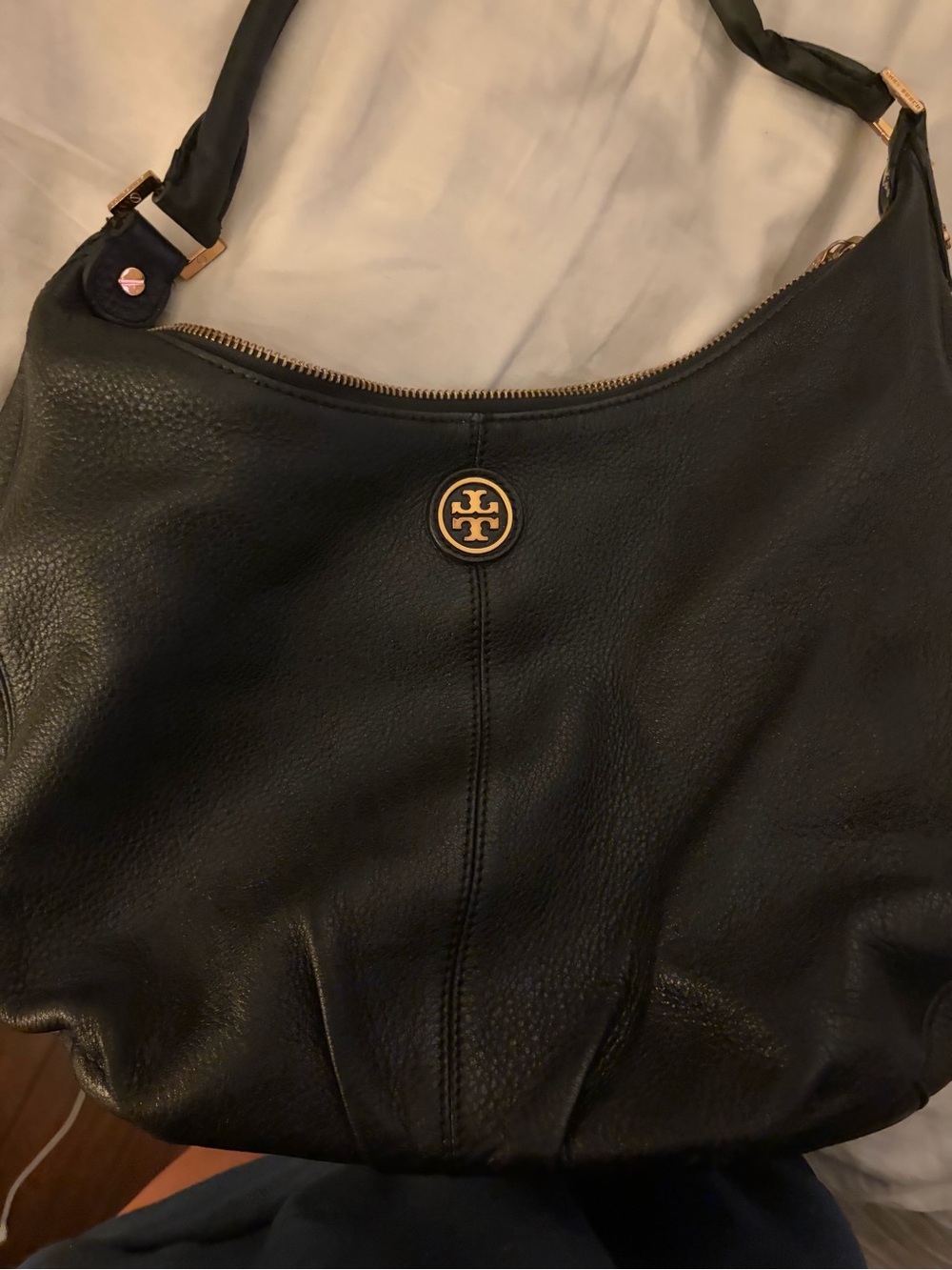 Tory Burch Black Leather Hobo with Gold Logo
